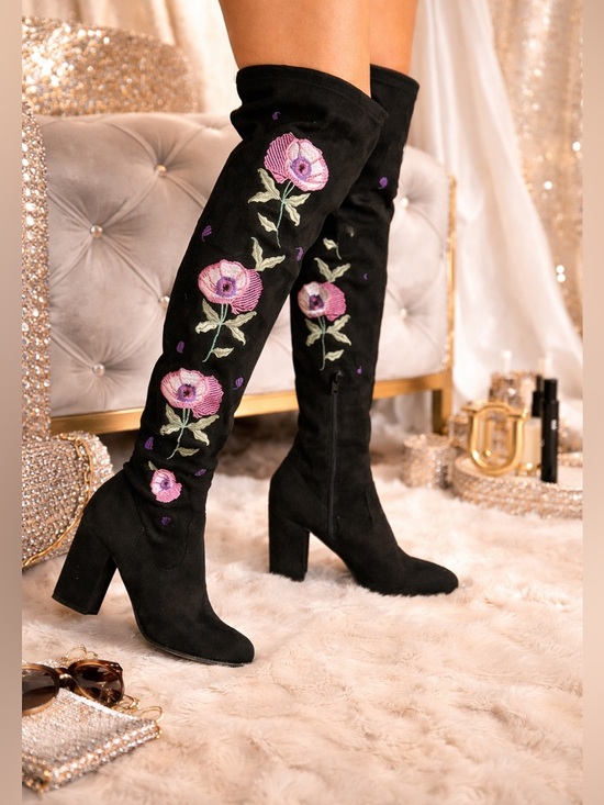 Carlos by Carlos Santana Shoes - Carlos by Carlos Santana Black Faux Suede Over Knee Boots Embroidery